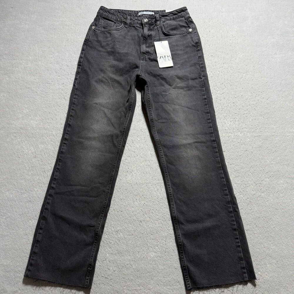 Zara Jeans Womens 6 Black Charcoal Wash High Rise Straight Frayed Raw Hem Grunge